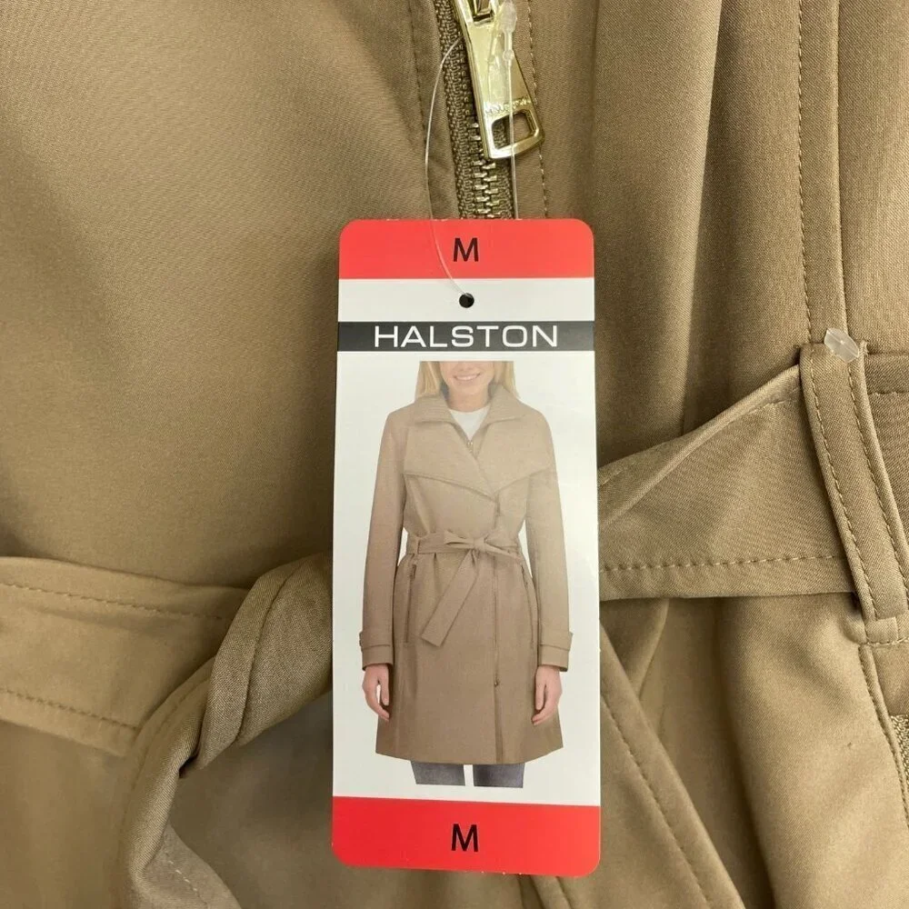 NEW Halston Women's M Tan Belted Mid Length Trench Coat Full Zip Tan